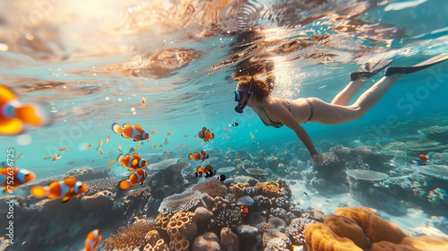 Young woman snorkeling dive underwater with Nemo fishes in the coral reef Travel lifestyle, swim activity on a summer beach holiday in Thailand photo