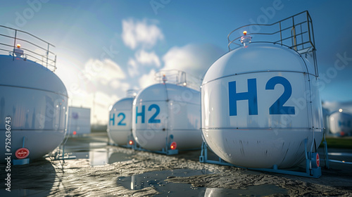 Hydrogen Gas tank renewable energy production - hydrogen gas pipeline for clean electricity solar and wind turbine facility