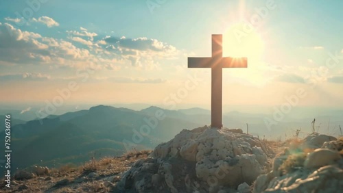 christian cross on large rocky mountain top, religion and spiritual concept Generative AI photo