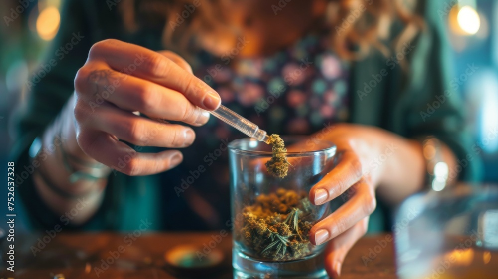 Hands working on dried cannabis buds on table for entertainment usage Hands working on dried cannabis buds on table for entertainment usage