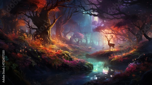 Mystical forest with glowing trees and magical creatures