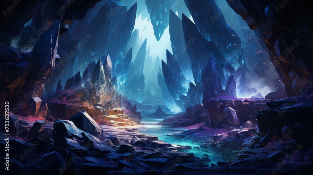 Glimmering cave filled with crystals and guardian spirits