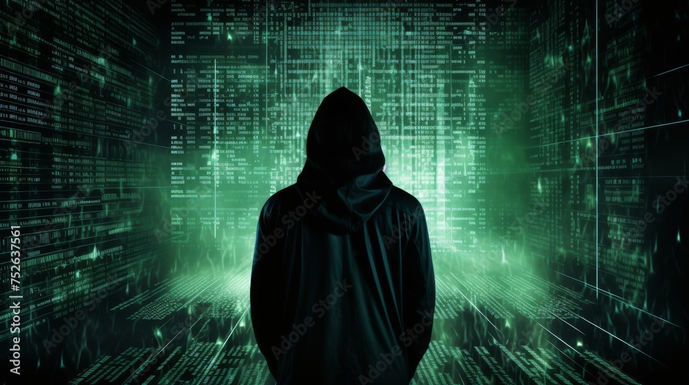Hacker silhouette with binary code, representing cyber scams Hacker silhouette with binary code, representing cyber scams