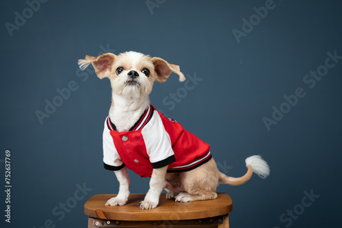 Dog Wearing Baseball Jacket photo