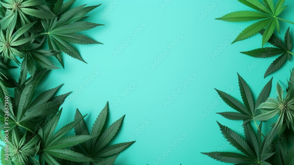 Cannabis plant leaves frame over plain background.