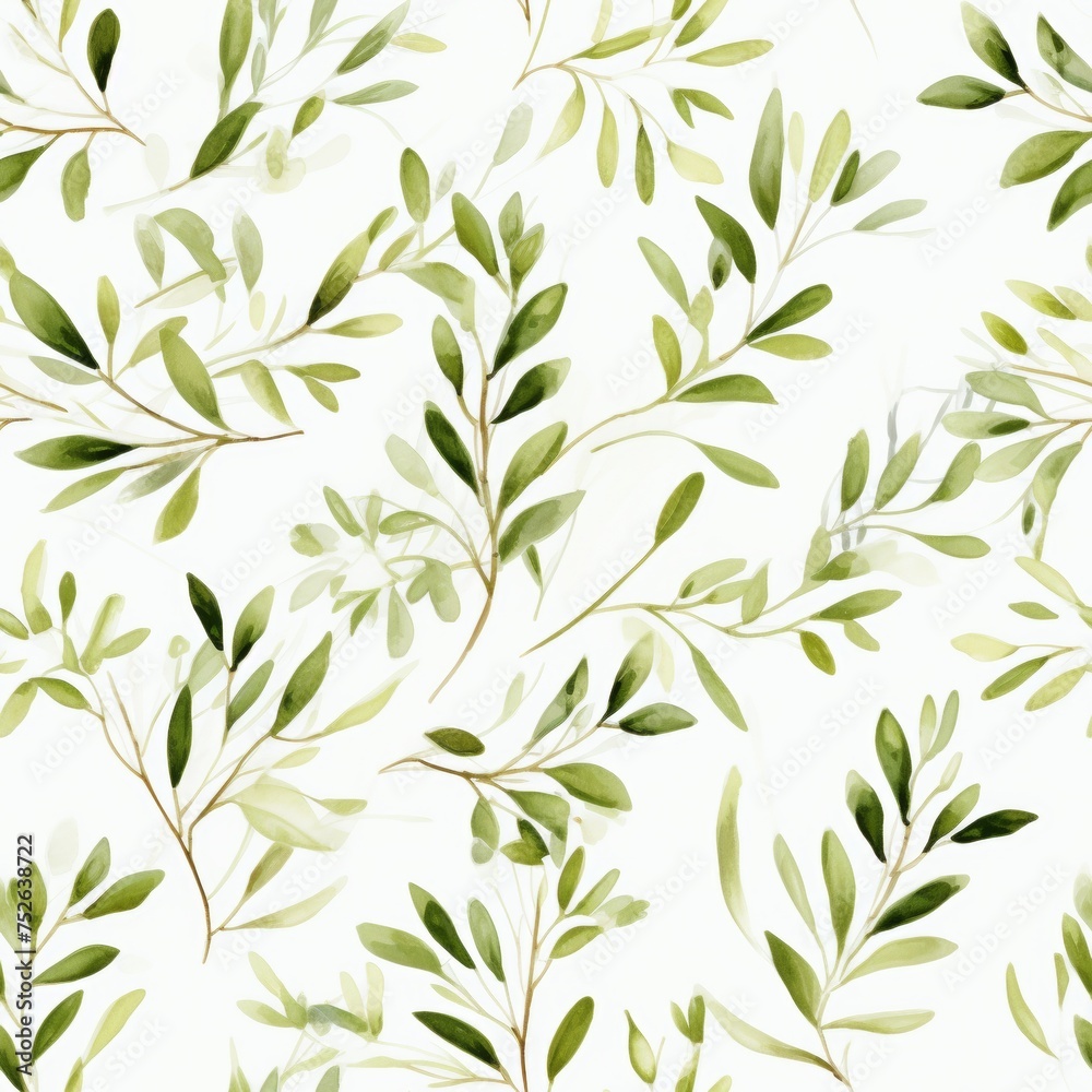 Delicate Foliage Branches in Watercolor Style on White Background, Seamless Floral Pattern Hand Painted for Textiles, Fabrics, Wallpapers, Wrapping, and Branding Projects