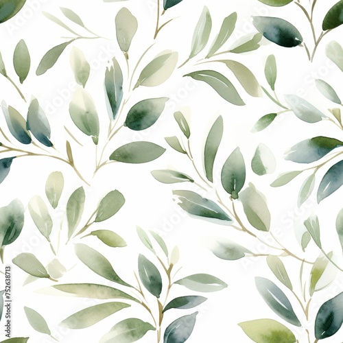 Delicate Foliage Seamless Watercolor Pattern with Leafy Branches and Sprigs in Soft Green Tones on White Background for Fabric, Wallpaper, Wrapping Paper, and Home Decor Projects