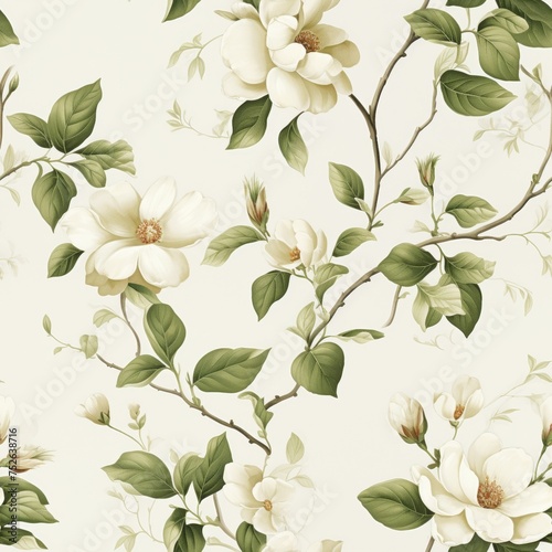 Elegant floral seamless pattern with white magnolia flowers and green leaves on a light background. Ideal for various design projects like wedding invitations, fabric design, and more.