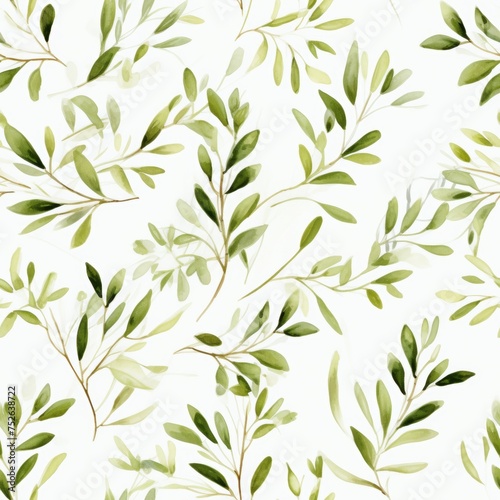 Delicate Foliage Branches in Watercolor Style on White Background, Seamless Floral Pattern Hand Painted for Textiles, Fabrics, Wallpapers, Wrapping, and Branding Projects