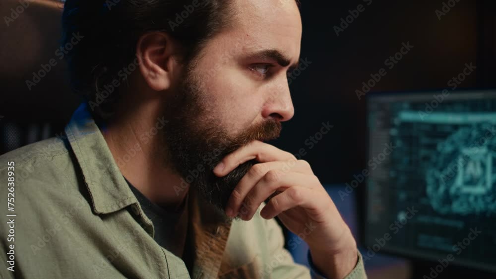 Developer having complex emotions while updating artificial intelligence machine learning algorithm. IT expert programming to upgrade AI brain, camera B close up on face expressions Developer having complex emotions while updating artificial intelligence machine learning algorithm. IT expert programming to upgrade AI brain, camera B close up on face expressions