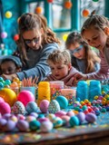 Easter craft activity, family making decorations, table spread with materials, bright