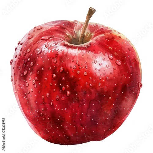 Watercolor clipart of a crisp apple, vibrant red with a dew-kissed look, single object isolated on white background, embodying freshness