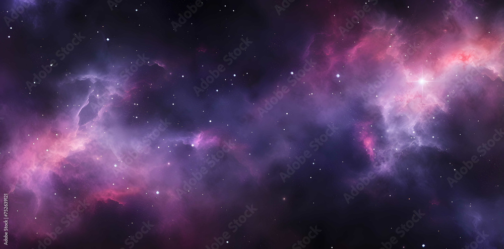 Seamless space texture background. Stars in the night sky with purple pink and blue nebula. A high resolution astrology or astronomy backdrop pattern. - obrazy, fototapety, plakaty 