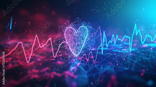 Glowing hologram of heart shape 3D structure with dark background.