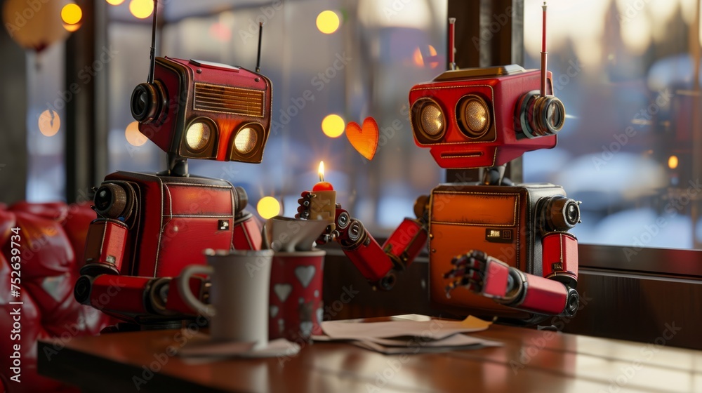 Fototapeta premium robot couple exchanging digital love notes in a cozy coffee shop environment. generative ai