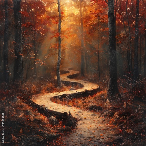 Walking through the enchanting autumn forest pathway, orange and red leaves create a peaceful and inviting atmosphere.