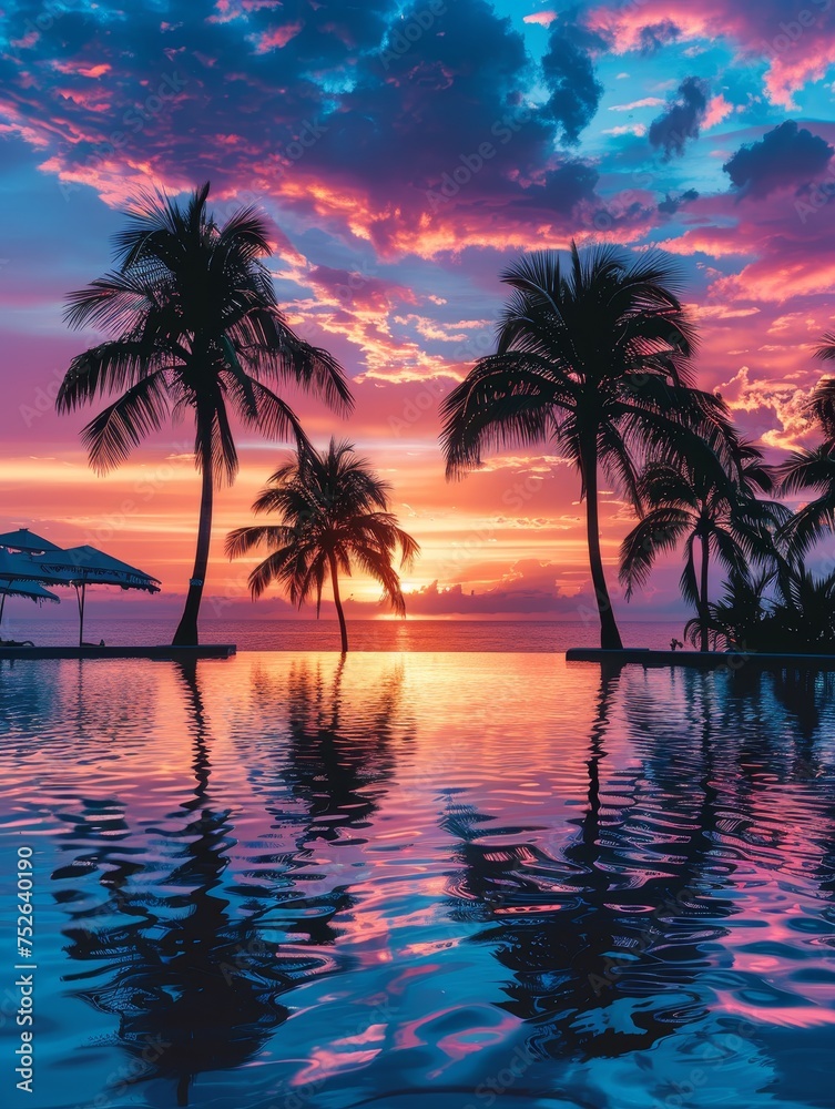 Exotic beach resort at dusk, palm trees silhouetted against a colorful sky, tranquil and inviting.