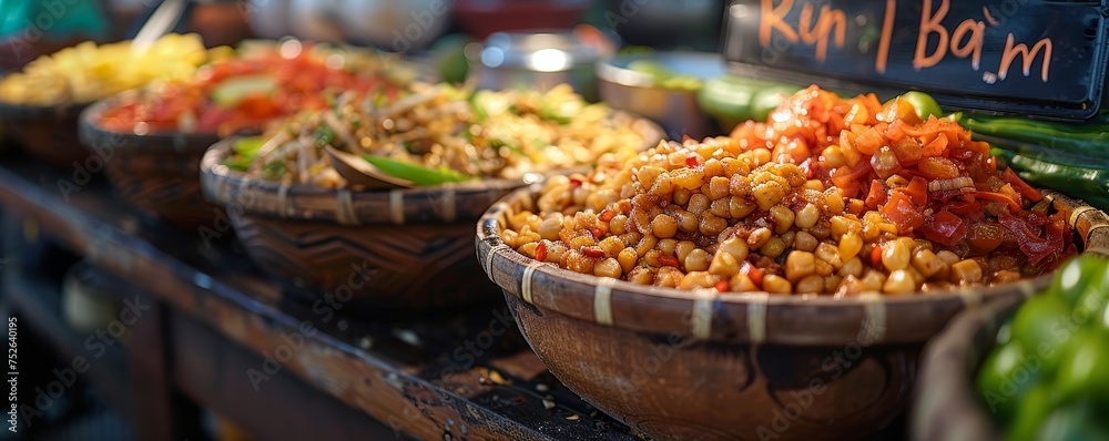 Exotic street food market, tourists sampling local cuisine, bustling atmosphere, colorful stalls.