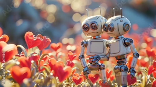 couple of robots holding hands, in a garden full of flowers generative ai © Francheska