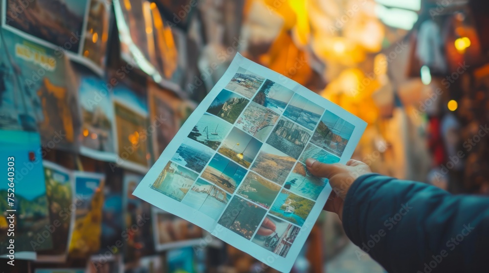 Close-up of a hand holding a vision board filled with images representing personal goals for the upcoming year. generative ai Close-up of a hand holding a vision board filled with images representing personal goals for the upcoming year. generative ai
