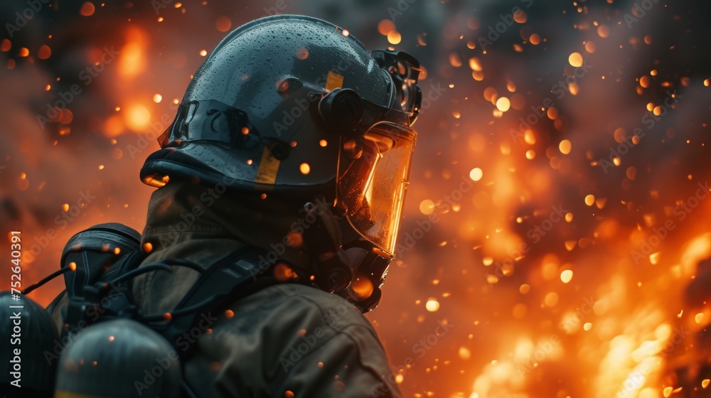 Firefighter fighting to put off fire flames with protection helmet Firefighter fighting to put off fire flames with protection helmet