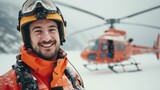Portrait of a male rescue personnel staff with helicopter in snow mountain field