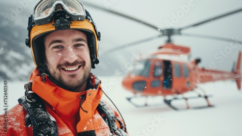 Portrait of a male rescue personnel staff with helicopter in snow mountain field © rabbit75_fot
