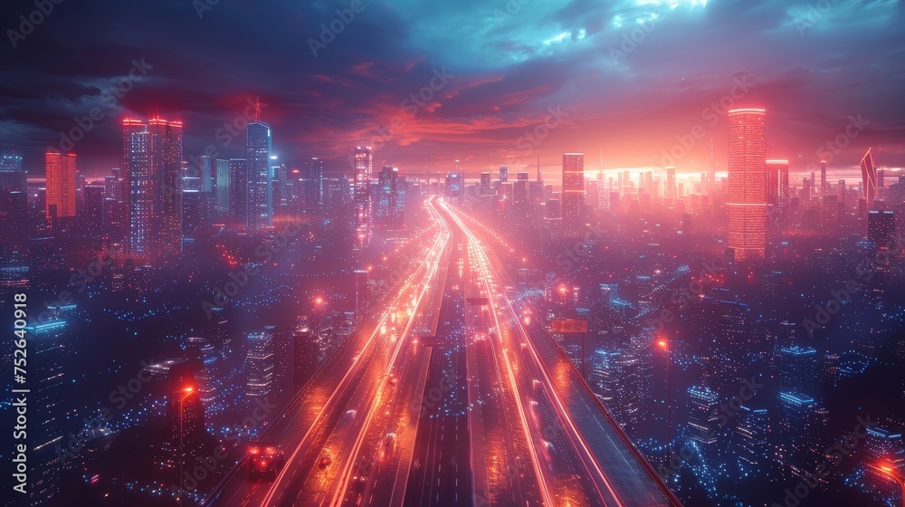 Obraz premium Futuristic city integrates autonomous vehicles, drones, interconnected buildings, tech, and urban life.