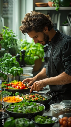 The gourmet chef focuses on creativity, health, and sustainability while preparing an eco-friendly meal in a modern kitchen.