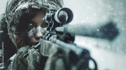Portrait of a female sniper with rifle in battle field photo