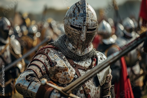 Historical reenactment of a medieval battle, with participants donning authentic armor, capturing the drama, strategy, and excitement in an outdoor setting. photo