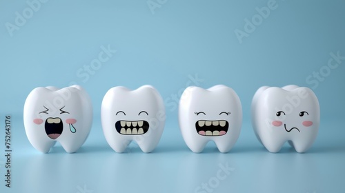 Collection of various expressions of a cute tooth cartoon character.