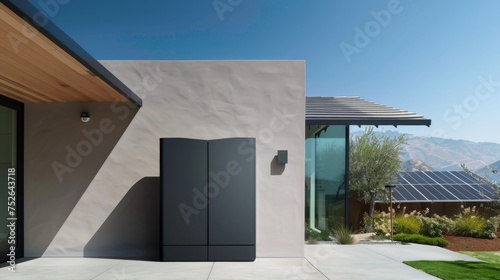 Battery mounted on house, sleek design, no handles, clear sky above. House with large battery, clear sky, solar power, garden view.