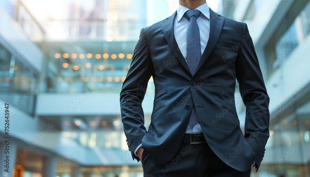 Professional businessman standing confidently in a corporate building atrium, dressed in a formal suit. Professional businessman standing confidently in a corporate building atrium, dressed in a formal suit.