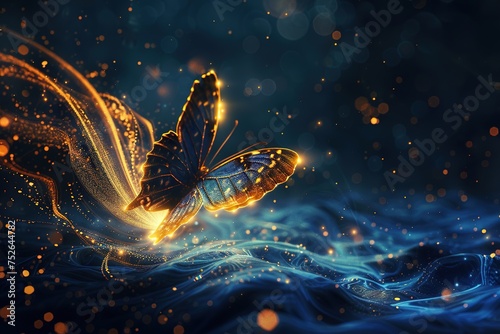 mystic witchraft spell, 1 butterfly, digital illustration, light particles, line dark blue and gold. photo