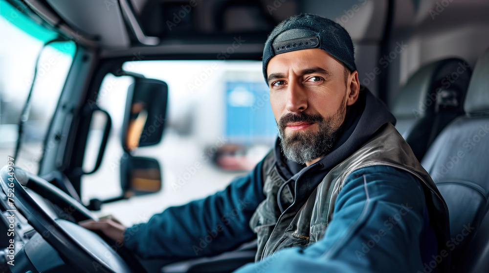 Truck driver sitting behind steering wheel Truck driver sitting behind steering wheel