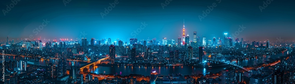Nighttime cityscape photography, skyline illuminated against the dark sky, viewpoint from a high vantage point.