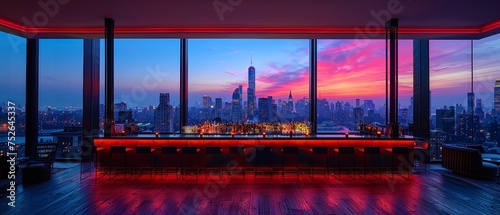 Luxury rooftop bar offers panoramic city views, cocktails, ambient lighting, chic ambiance, exclusive crowd. photo