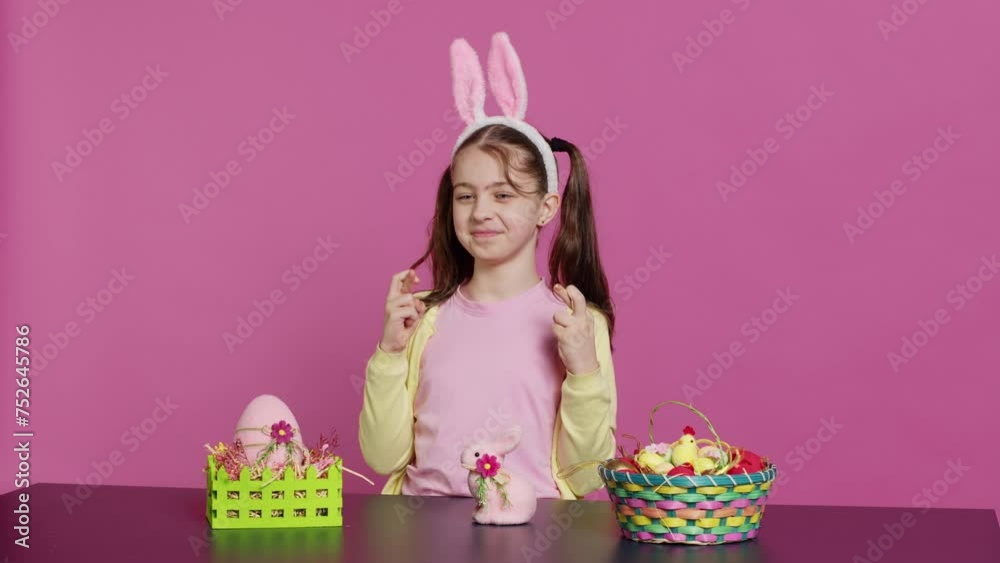 Small cheerful kid posing with fingers crossed in studio, sitting at a table filled with easter festive ornaments. Young schoolgirl hoping for luck and fortune during spring holiday celebration Small cheerful kid posing with fingers crossed in studio, sitting at a table filled with easter festive ornaments. Young schoolgirl hoping for luck and fortune during spring holiday celebration