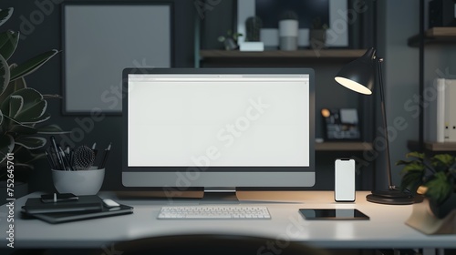 computer with blank on white table at contemporary office.