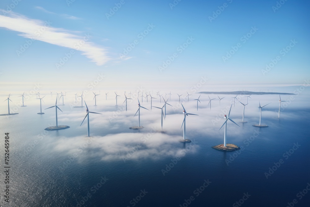 Wind energy with wind turbine in sea water. Concept for green renewable energy.