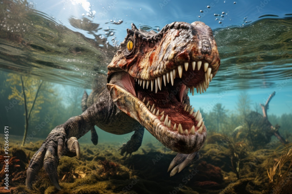 Fototapeta premium Close-up view of a Baryonyx dinosaur in water in prehistoric environment. Photorealistic.