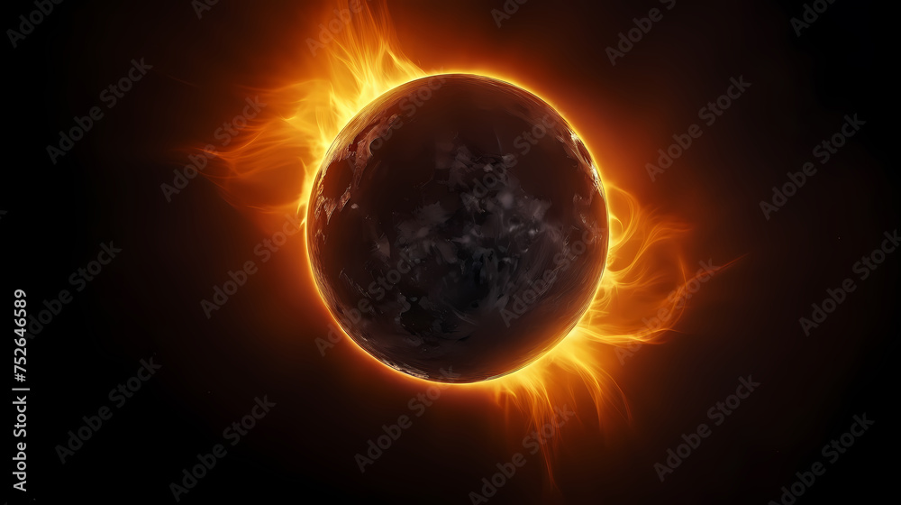 Detailed illustration of a solar eclipse with the corona visible around the dark sun Detailed illustration of a solar eclipse with the corona visible around the dark sun