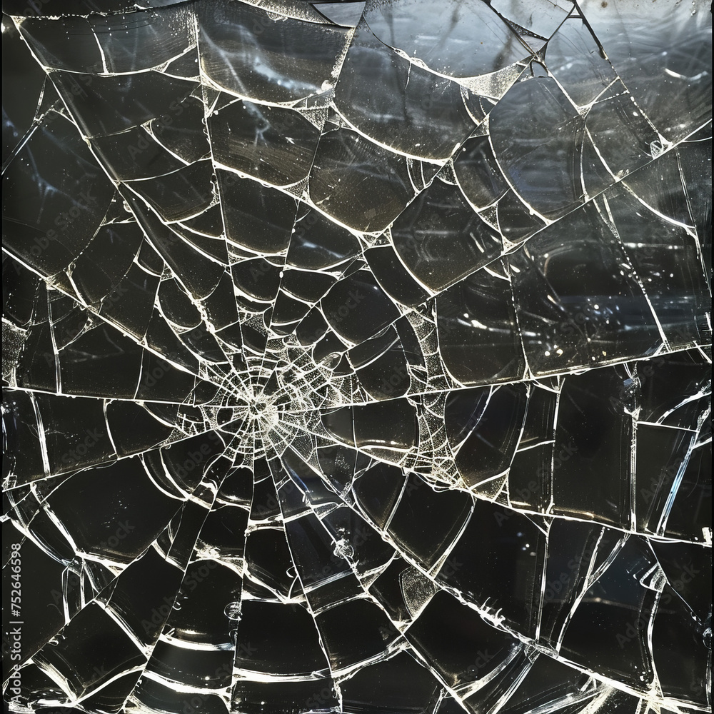 Abstract Destruction: Spiderweb Glass Crack, cracked glass in the shape of a spider web 