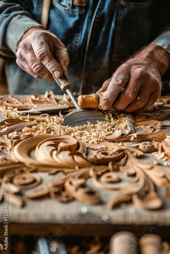 In a rustic woodworking workshop, a craftsman carves furniture, focusing on hands and tools.