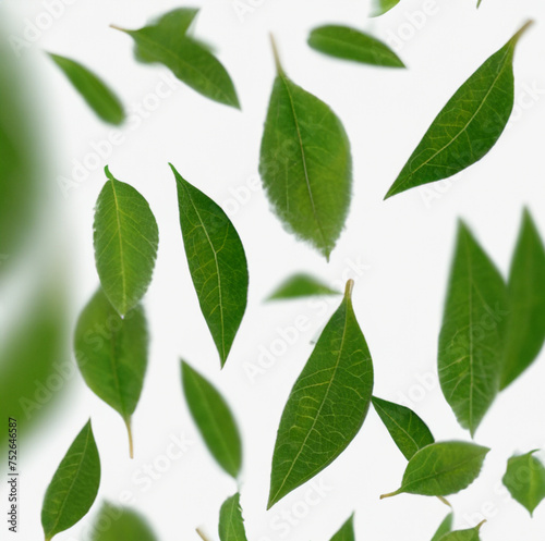 fresh leaves flying around over white background, trendy levitation illustration created with generative ai technology. High quality photo