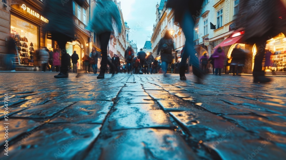 Low angle view of street with historical buildings in Prague city in Czech Republic in Europe. - obrazy, fototapety, plakaty 