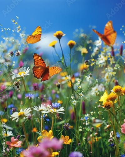 Butterflies on a flowering meadow under a blue sky © InfiniteStudio