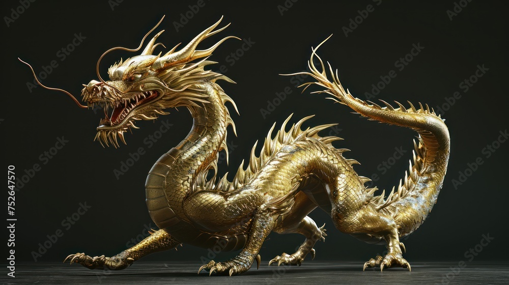 Fototapeta premium Golden dragon 3D rendering with details.