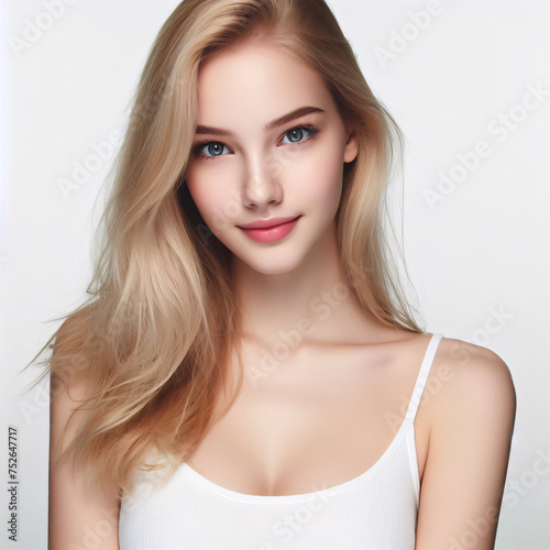 A beautiful young blonde woman on a white background